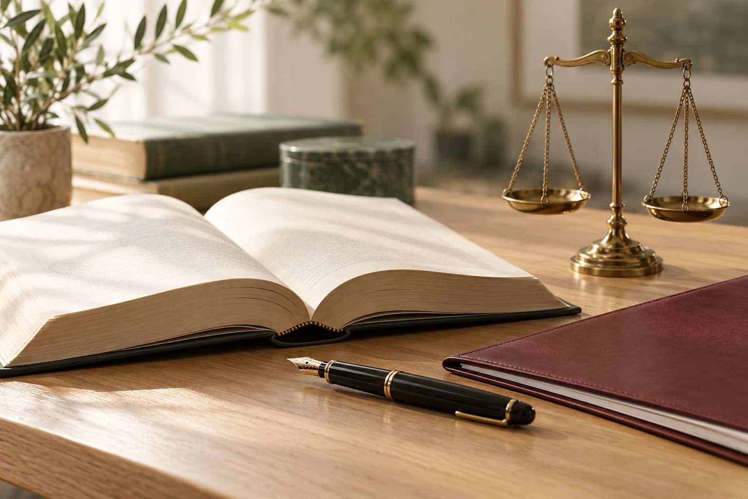 Açık kitap, dolma kalem ve adalet terazisinden oluşan temsili hukuk çalışma masası